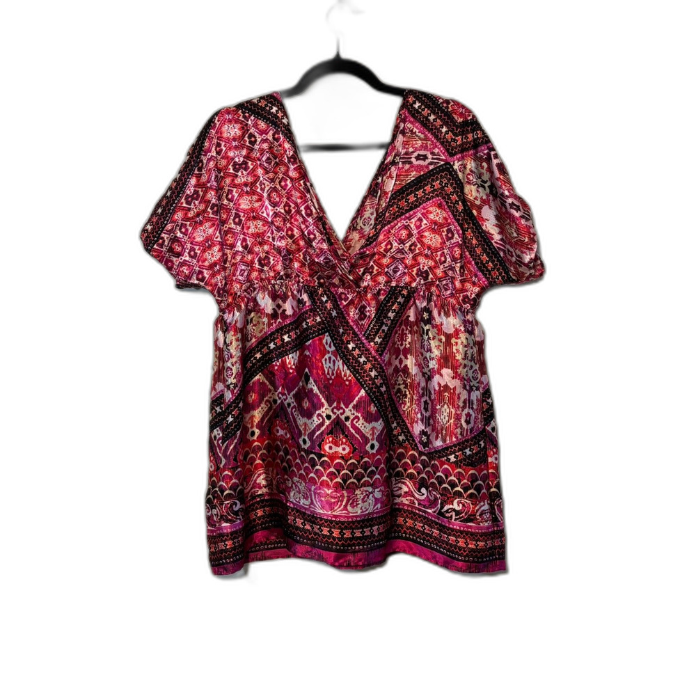 Boho Print Satin V-Neck Top Pink Purple Black Size L